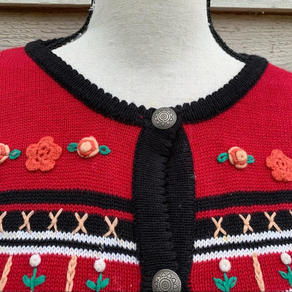 Vintage 90s Red and Black Striped Floral Crochet Crewneck Button Down Sweater - Picture 6 of 16